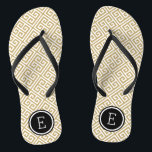 Gold and Black Greek Key Monogram Flip Flops<br><div class="desc">Custom printed flip flop sandals with a stylish modern Greek key pattern and your custom monogram or other text in a circle frame. Click Customize It to change text fonts and colours or add your own images to create a unique one of a kind design!</div>