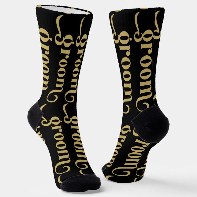 Gold and Black Groom Retro Typography Socks (Angled)