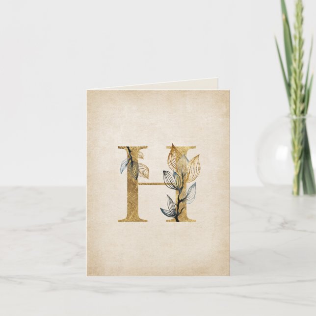 Gold and Black H Monogram With Leaves Note Card (Front)