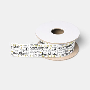 Gold and Black Happy Birthday Confetti Satin Ribbon
