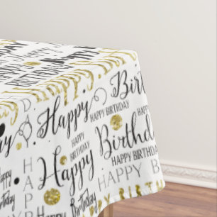 Gold and Black Happy Birthday Confetti Tablecloth