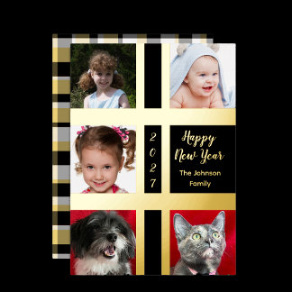 Gold and Black Happy New Year 5 Photo Foil Holiday Card