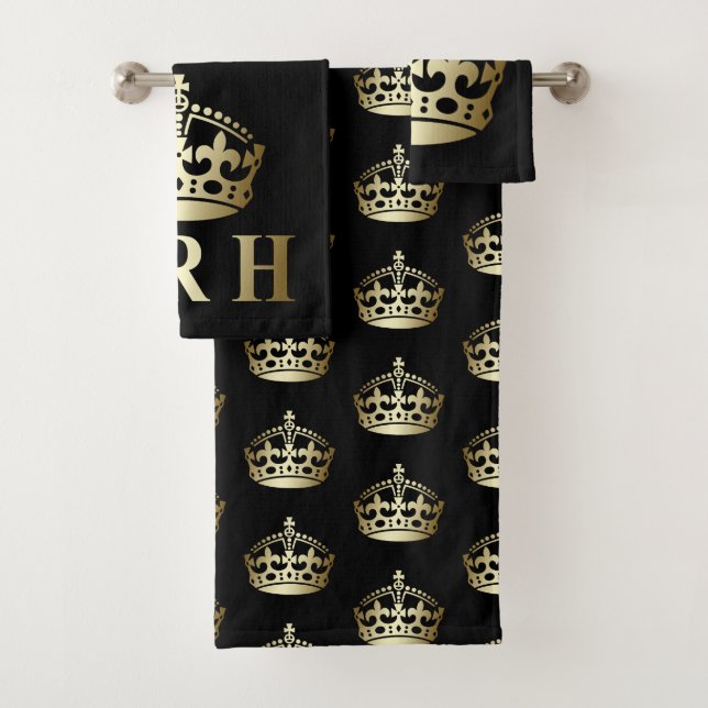 Gold and Black HRH Royal Highness Crown Bath Towel Set (Insitu)