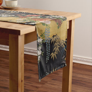Gold and Black Japanese Kimono Floral Dining  Short Table Runner