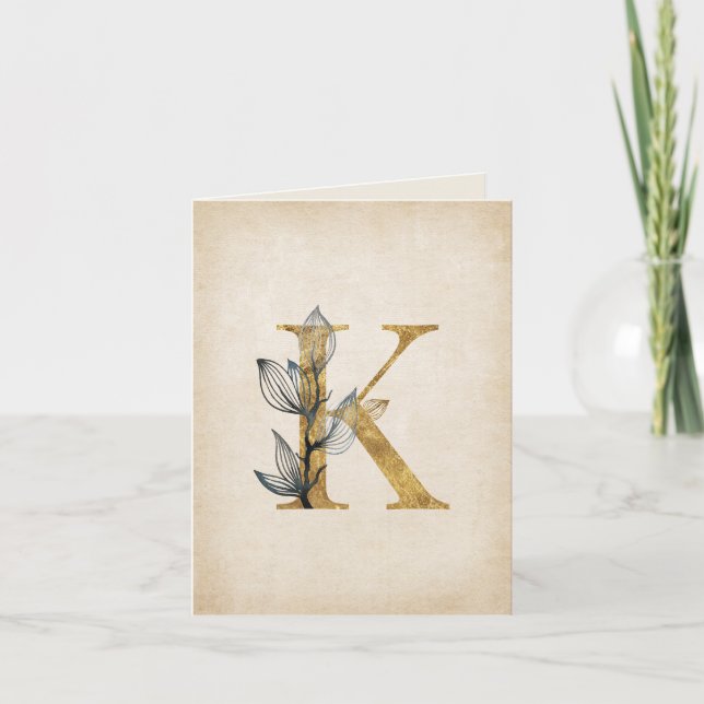 Gold and Black K Monogram With Leaves Note Card (Front)
