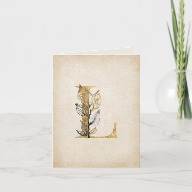 Gold and Black L Monogram With Leaves Note Card (Front)