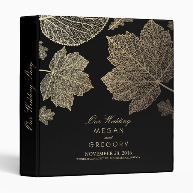 Gold and Black Leaves Fall Wedding Binder (Front/Spine)