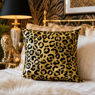 Gold and Black Leopard Print Animal Pattern Throw Pillow