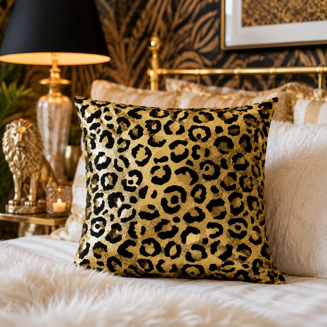 Gold and Black Leopard Print Animal Pattern Throw Pillow (Creator Uploaded)