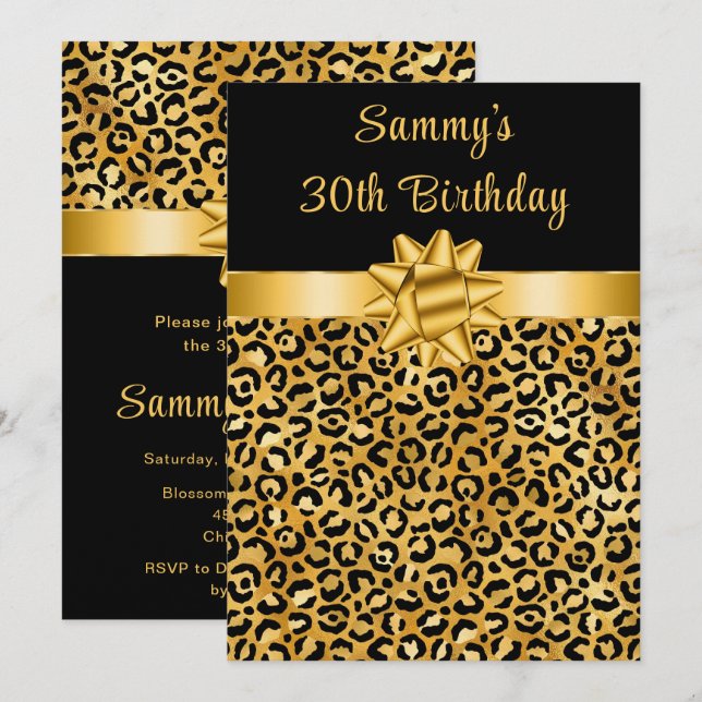 Gold and Black Leopard Print Birthday Party Invitation (Front/Back)