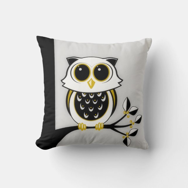 Gold and Black Line Art Owl, Leaves and Berries Throw Pillow (Front)
