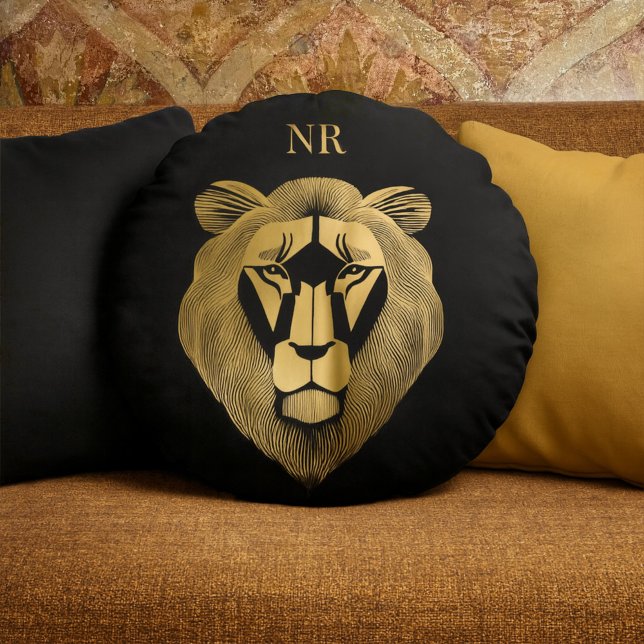 Gold and Black Lion Modern Chic Classy Monogrammed Round Pillow (Creator Uploaded)
