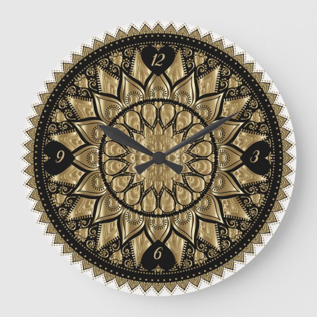 Gold And Black Mandala Large Clock (Front)
