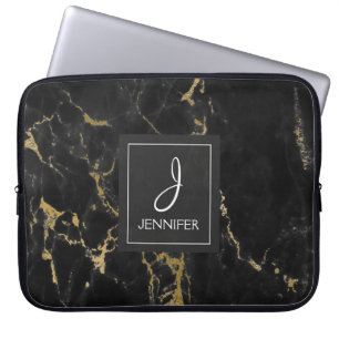 Gold and Black Marble Elegant Monogram Laptop Sleeve