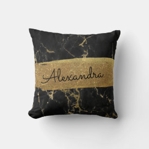 Gold and Black Marble with Gold Foil and Glitter Throw Pillow