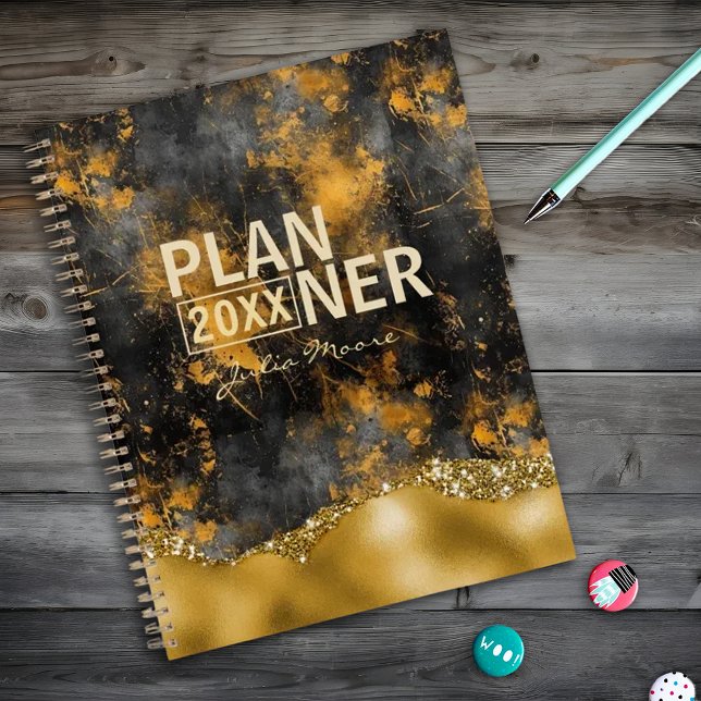 Gold And Black Modern Gold Glitter Personalized Planner (Creator Uploaded)