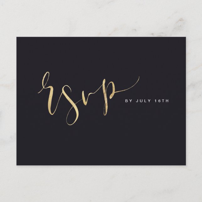 Gold and Black Modern Simple Script wedding RSVP Invitation Postcard (Front)