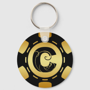 GOLD AND BLACK MONOGRAM LETTER C POKER CHIP KEYCHAIN
