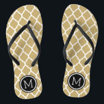 Gold and Black Moroccan Quatrefoil Monogram Flip Flops<br><div class="desc">Custom printed flip flop sandals with a stylish Moroccan quatrefoil pattern and your custom monogram or other text in a circle frame. Click Customize It to change text fonts and colours or add your own images to create a unique one of a kind design!</div>