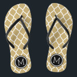 Gold and Black Moroccan Quatrefoil Monogram Flip Flops<br><div class="desc">Custom printed flip flop sandals with a stylish Moroccan quatrefoil pattern and your custom monogram or other text in a circle frame. Click Customize It to change text fonts and colours or add your own images to create a unique one of a kind design!</div>
