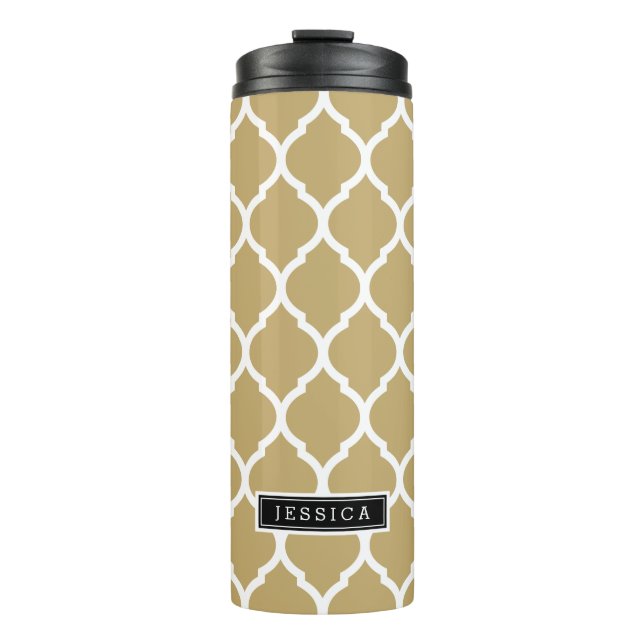 Gold and Black Moroccan Quatrefoil Monogram Thermal Tumbler (Front)