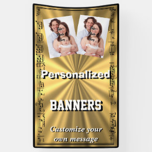 Gold and black music notes surround photo template banner