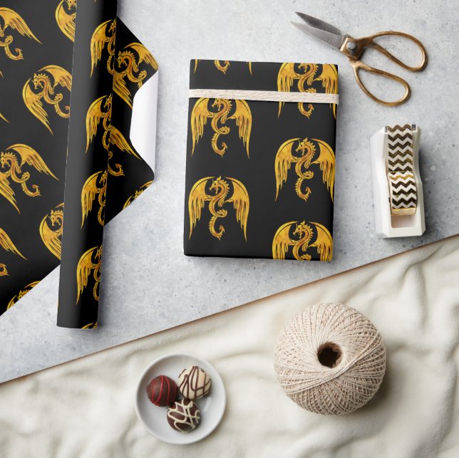 Gold and Black Mythical Dragon  Wrapping Paper (Crafts)