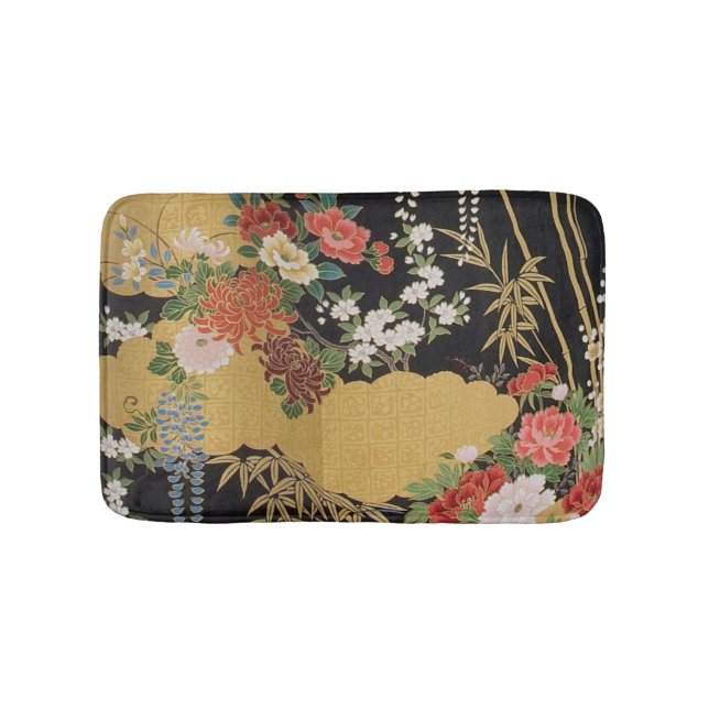 Gold and Black Oriental Japanese Kimono Floral  Bath Mat (Front)