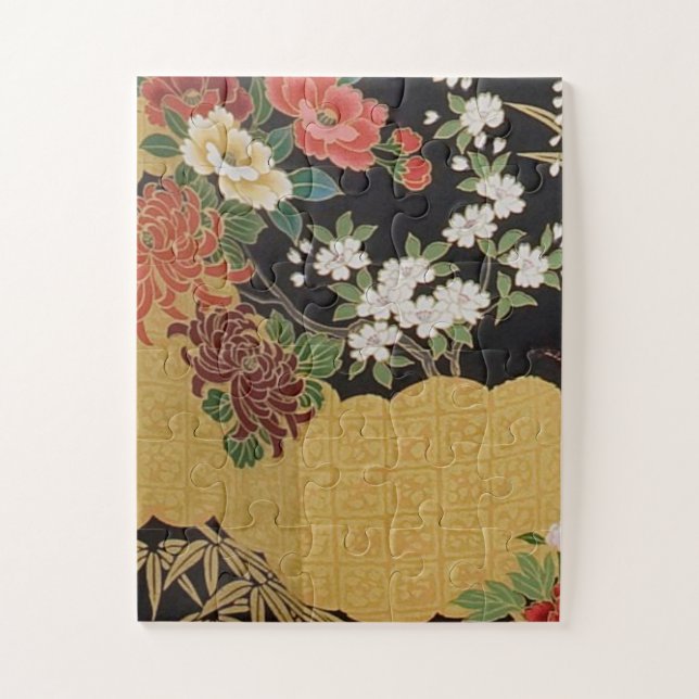 Gold and Black Oriental Japanese Kimono Floral  Jigsaw Puzzle (Vertical)