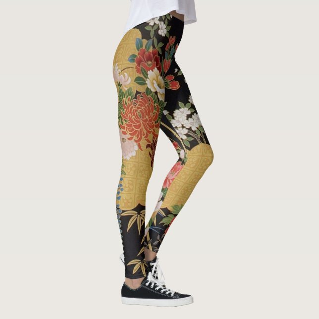 Gold and Black Oriental Japanese Kimono Floral  Leggings (Right)