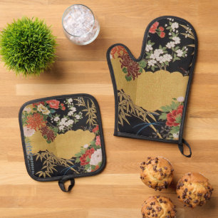 Gold and Black Oriental Japanese Kimono Floral Oven Mitt & Pot Holder Set
