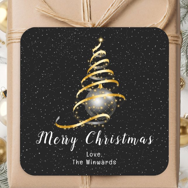 Gold and Black Ornament Merry Christmas Square Sticker (Creator Uploaded)
