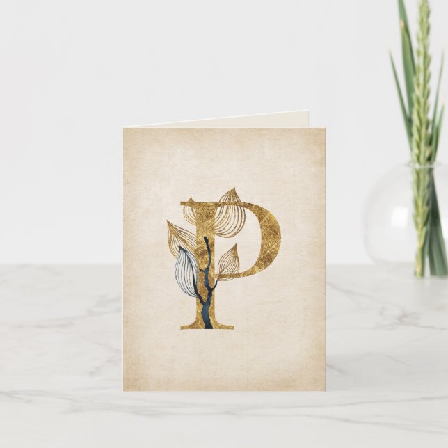 Gold and Black P Monogram With Leaves Note Card (Front)