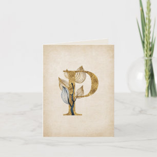 Gold and Black P Monogram With Leaves Note Card
