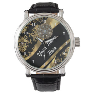 Gold and black personalized damask pattern watch