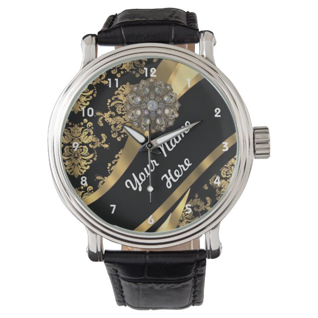 Gold and black personalized damask pattern watch (Front)