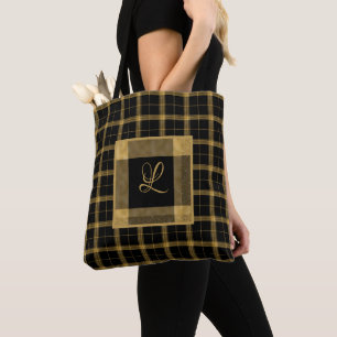 Gold and Black Plaid Elegant Personalized Tote Bag