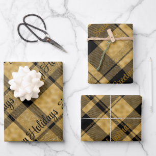 Gold and Black Plaid With Christmas Text Wrapping Paper Sheet