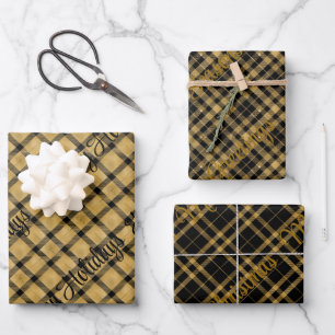 Gold and Black Plaid With Christmas Text Wrapping Paper Sheet