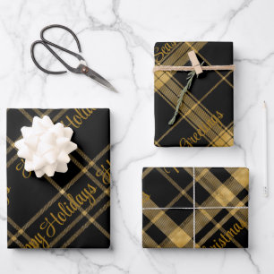 Gold and Black Plaid With Christmas Text Wrapping  Wrapping Paper Sheet