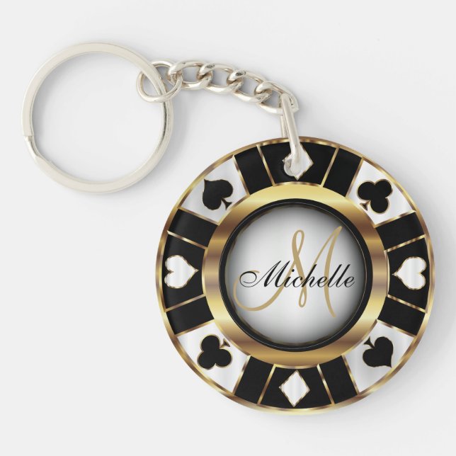 Gold and Black Poker Chip Design - Monogram Keychain (Front)