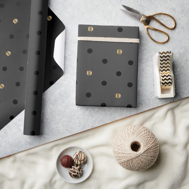 Gold and Black Polka Dots on Sheen Black Satin Wrapping Paper (Crafts)