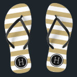 Gold and Black Preppy Stripes Monogram Flip Flops<br><div class="desc">Custom printed flip flop sandals with a preppy nautical stripe pattern and your custom monogram or other text in a circle frame. Click Customize It to change text fonts and colours or add your own images to create a unique one of a kind design!</div>