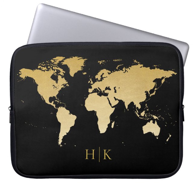 Gold and Black Professional World Map Monogrammed Laptop Sleeve (Front)
