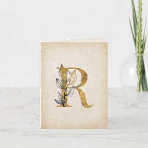 Gold and Black R Monogram With Leaves Note Card