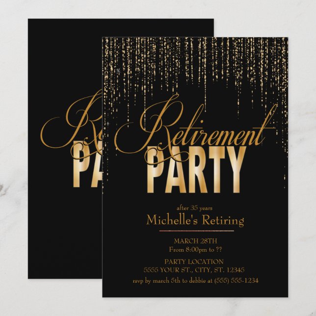 Gold and Black Retirement Party Invitations (Front/Back)
