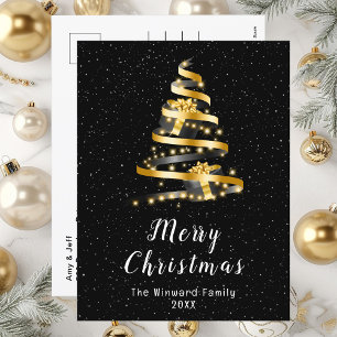 Gold and Black Ribbon Gift Merry Christmas Holiday Postcard