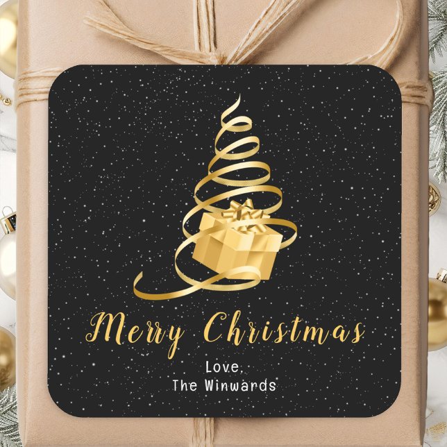 Gold and Black Ribbon Gift Merry Christmas Square Sticker (Creator Uploaded)