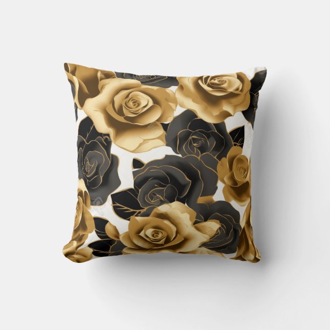 Gold and Black Roses with Gold Rose Petals Pillow (Front)