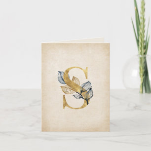 Gold and Black S Monogram With Leaves Note Card